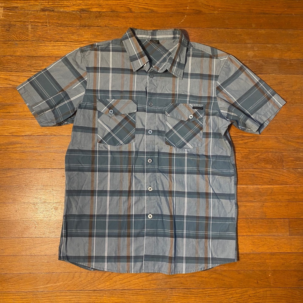 Oakley Mens Plaid Short Sleeve Button‎ Down Shirt Blue Grey Brown Size Medium